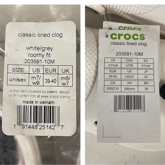 Crocs Classic Lined Clogs NWT White & Grey Unisex Size Women’s 9 - Mens 7 - Picture 16 of 17